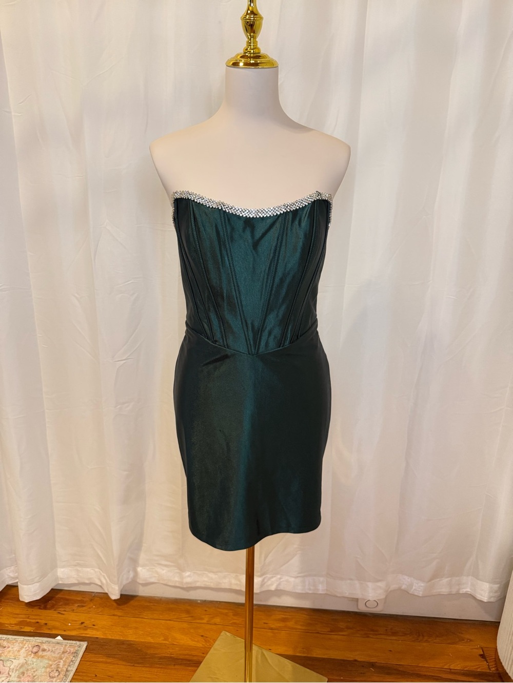 Strapless Dark Emerald Green Satin Cocktail Dress with Rhinestone Trim